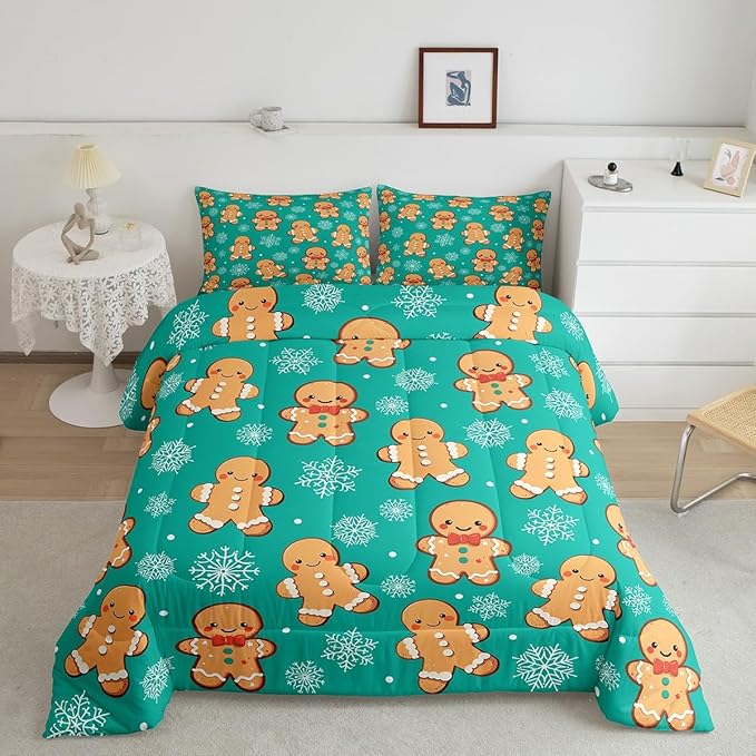 Erosebridal Christmas Gingerbread Queen Bedding Set 7 Piece,Cute Gingerbread Man Bed in A Bag,Xmas Snowflake Comforter Set Kawaii Xmas Sheet Set with Comforter,Green Christmas Decoration