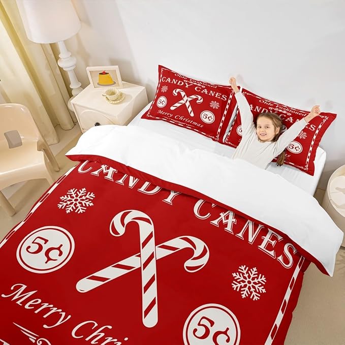 jejeloiu Christmas Bedding Set for Kids Boys Girls Christmas Quote Comforter Cover Set Twin Size Candy Canes Print Duvet Cover Bedroom Decor Xmas Red Bedspread Cover Bedding Collection 2Pcs