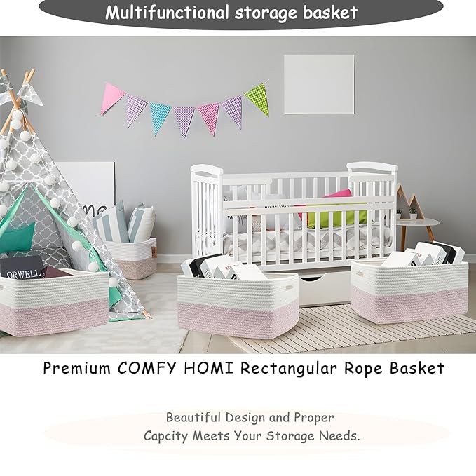 COMFY-HOMI Cotton Rope Woven Basket with Handles for Shelves,Toys,Book, Cloth Storage Baskets for Organizing-17" x 13" x 7.5" Toy Decorative Organizer for Living Room, Bathroom （white/pink）