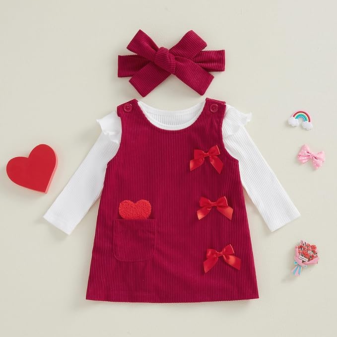 FIOMVA My First Valentines Day Outfit Clothes Baby Girl Romper Love Onesie Heart Embroidery Overalls Suspender Dress Set