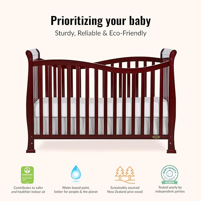 Dream On Me Violet 7-in-1 Convertible Full-Size Baby Crib with Toddler, Day & Full Bed Conversion in Espresso, GreenGuard Gold & JPMA, 4 Mattress Heights, Sustainable Pinewood