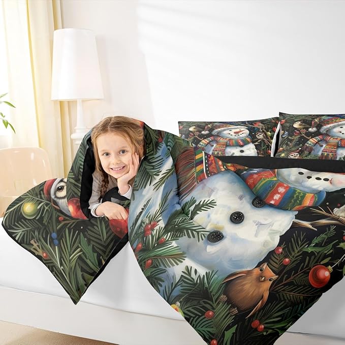 Feelyou Christmas Bedding Set Soft for Boys Girls, Holiday Snowman Birds Comforter Set King Size Xmas Owl Branch Berry Duvet Quilt Microfiber Snowflake Bedroom Decor 3 Pcs with 2 Pillow Cases