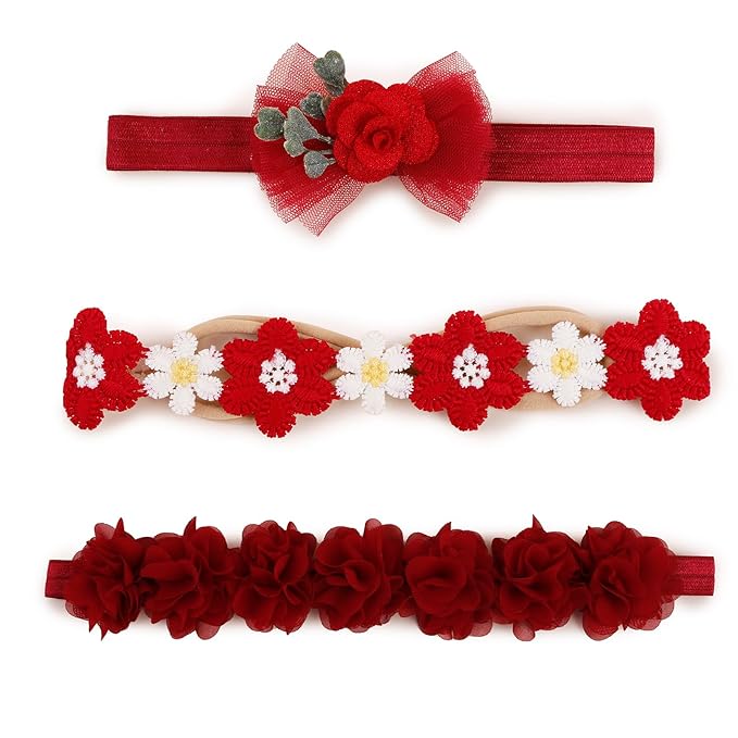 cherrboll Baby Girl Nylon Headbands, 3Pcs Handmade Floral Hair Bows, Stretchy Flower Hairbands for Newborns Infants Toddlers Christmas