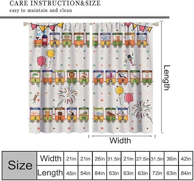 Alphabet Train Kids Curtain Animals Alphabet Children Teens Early Learning Printed Rod Pocket Blackout Window Treatments for Classroom Bedroom Nursery Playroom 52" W X 84" L