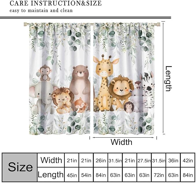 Kids Safari Animal Curtains Woodland Wildlife Jungle Animals Blackout Window Treatments for Boys Girls Bedroom Cute Cartoon Lion Nursery Children Drapes for Living Room W52xL84