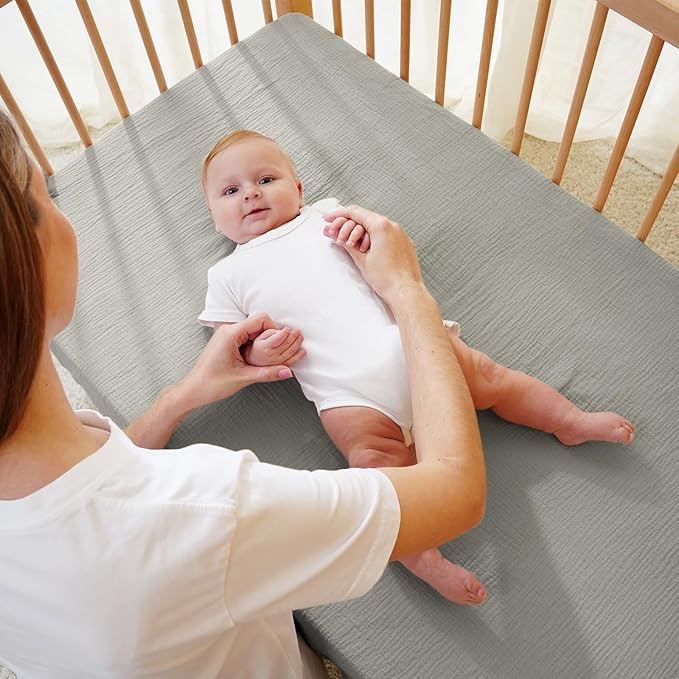 Muslin Crib Sheet – 100% Cotton Baby Fitted Sheet for Boys & Girls, Ultra Soft & Breathable, Snug Fit with 360° Elastic, Fits Standard Crib Mattress 28" x 52" & Toddler Beds.