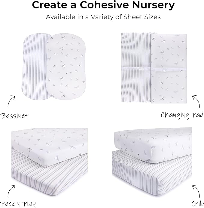 Ely’s & Co. Crib Sheets, Baby Boy Fitted Crib Mattress Sheet Set, 2 Pack, 100% Jersey Knit Cotton, Infant and Toddler Nursery Bedding, 28” x 52” Dragonflies + Stripes Collection