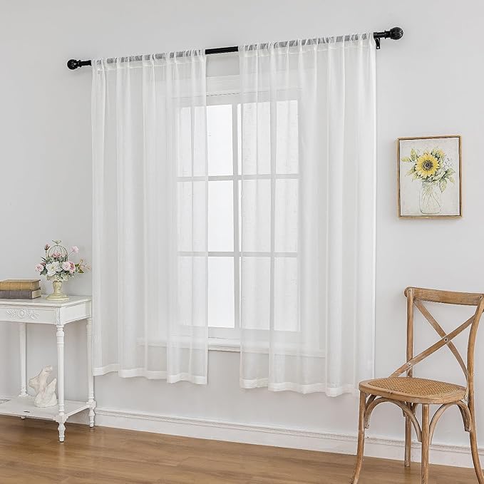 Off White Sheer Curtains 72 Inches Long 2 Panels, 50 Inches Width, Linen Look Transparent Curtain, Rustic Textured Light Filtering Drapes, Rod Pocket Window Treatments
