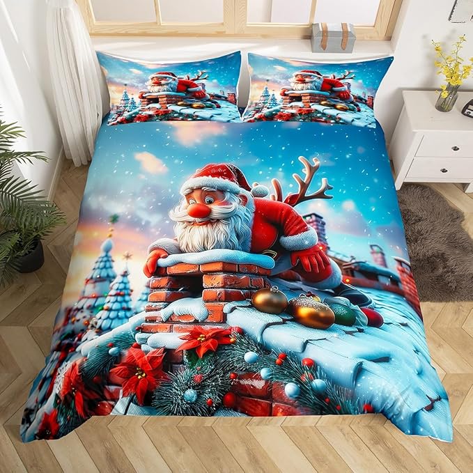 Cute Santa Claus Duvet Cover Set Twin Size,Winter Snow Cabin Rustic Farmhouse Bedding Set,Boys Girls Room Decor,Xmas Tree Merry Christmas Comforter Cover,White Quilt Cover,1 Pillowcase,No Comforter