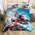 Cute Santa Claus Duvet Cover Set Queen Size,Winter Snow Cabin Rustic Farmhouse Bedding Set,Boys Girls Room Decor,Xmas Tree Merry Christmas Comforter Cover,White Quilt Cover,2 Pillowcases,No Comforter