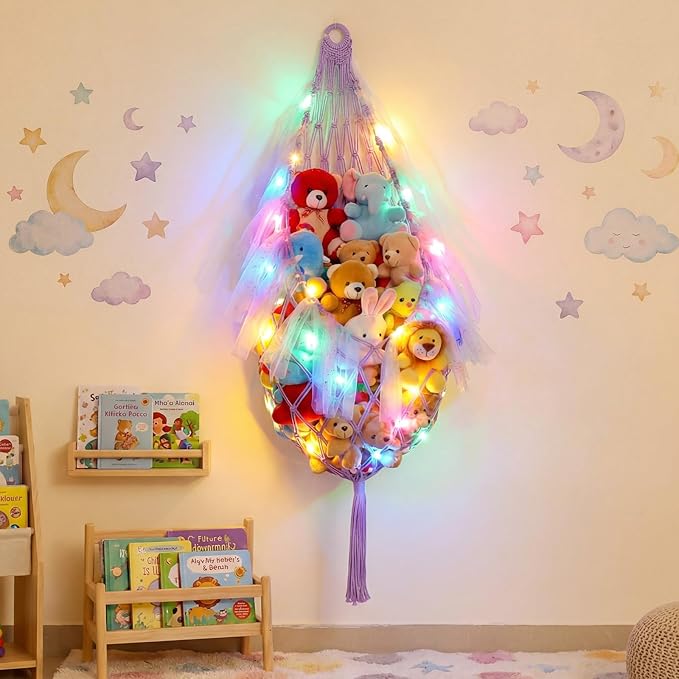Stuffed Animal Storage Organizers with LED Lights 59 Inch Large Toy Storage Stuffed Animal Hammock Macrame Toy Display Plush Holder Wall for Bedroom Decor Boho Nursery Playroom Organizer