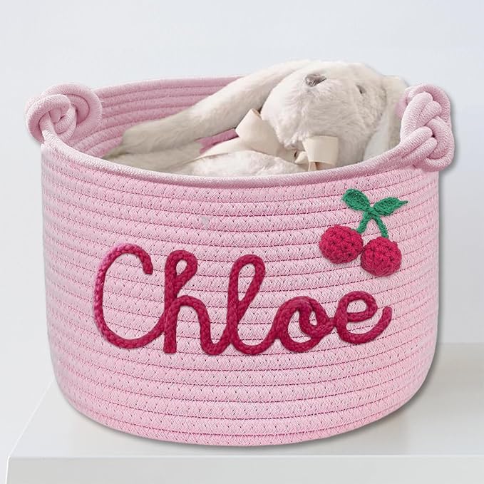 Personalized Dog Toy Basket Custom Dog Toy Box Rope Woven Basket with Pet's Name Dog Storage Organizer with Handles Cute Toy Bin for Cat Pink