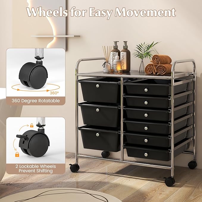 RELAX4LIFE 9 Drawer Rolling Storage Cart - Mobile Drawer Carts for Craft Art Supply Paper Salon, Utility Cart on Wheels for Classroom Teacher School Office, Rolling Cart with Drawers (Black)