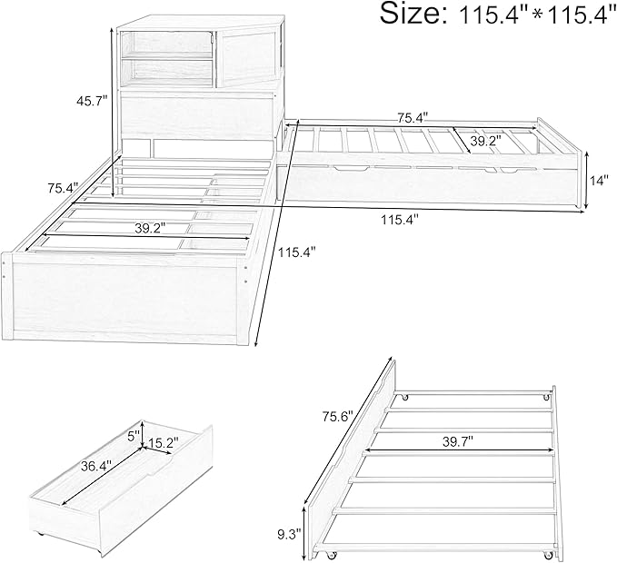 Harper & Bright Designs Twin L-Shaped Corner Bed with Trundle, Double Twin Beds in One, 3-in-1 Platform Bed with Built-in Nightstand and LED Light for 2 Kids