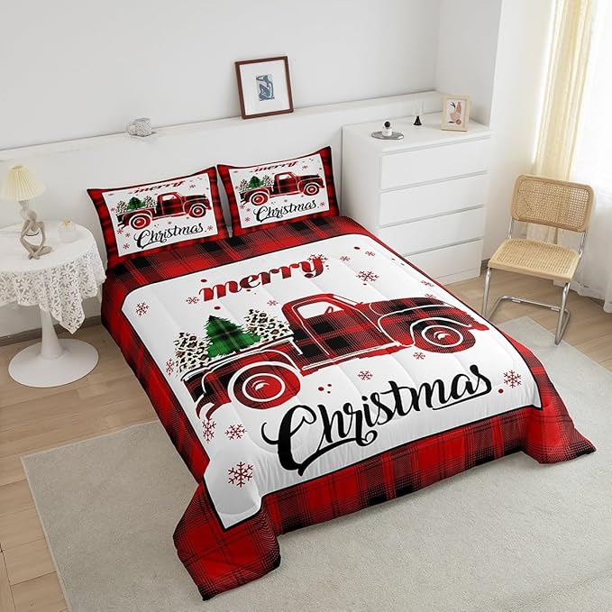 Manfei Xmas Truck Comforter Set Twin Size, Christmas Tree Snowflake Print Bedding Set 2pcs for Kids Boys Girls Bedroom Decor, New Year Theme Red Plaid Print Quilt Set with 1 Pillowcase