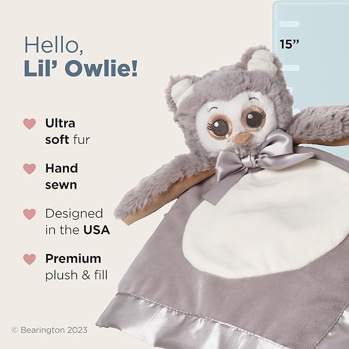 Bearington Lil' Owlie Owl Lovey Baby Security Blanket - 15" Gray Plush Stuffed Animal Blanket with Satin Trim - Soft Owl Lovey for Baby Girl and Boy - Snuggly Girl Gift for Infants and Newborns