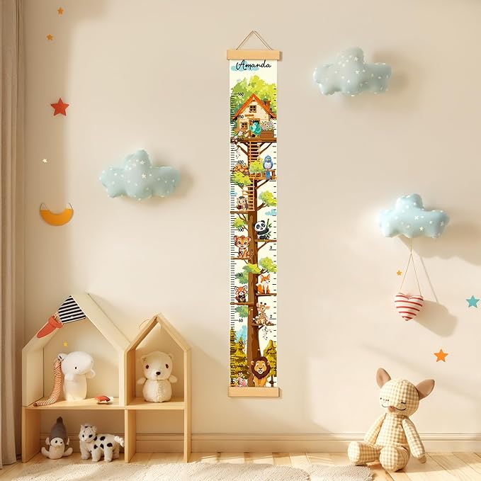 Personalized Name Height Chart for Kids, Kids Growth Chart for Wall, 59" X 7.9" Canvas Removable Height Chart Measuring Ruler for Kids & Baby(Painted Tree House）