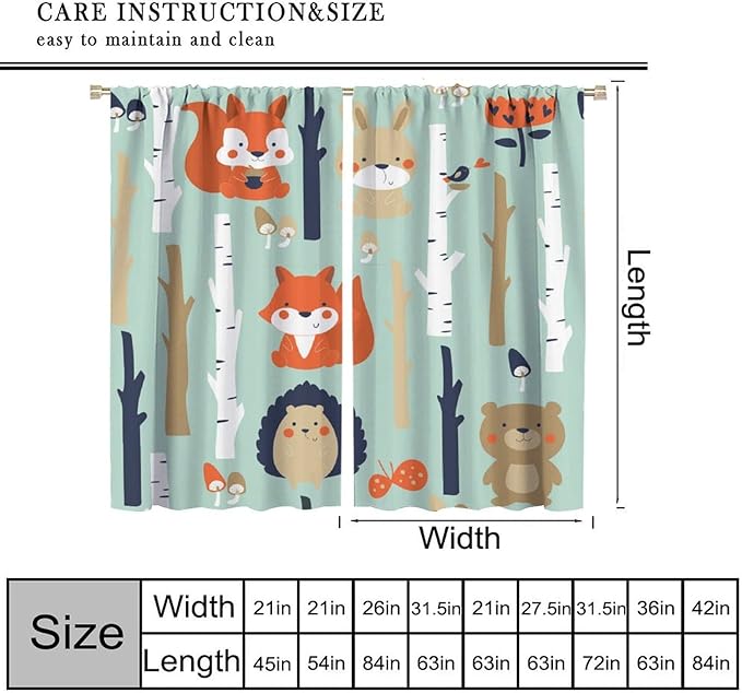 Cute Animals Curtains, Cartoon Fox Hedgehog Hare Forest Trees Blackout Window Treatments, Rod Pocket Thermal Insulated Drapes 2 Panel Sets for Kids Bedroom Nursery Classroom, 63" W X 63" L