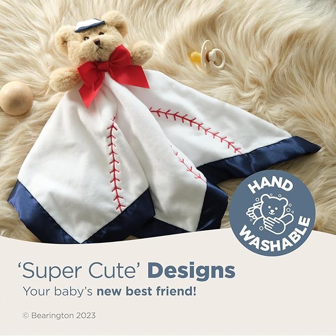 Bearington Collection Lil’ Slugger Snuggler Plush Baseball Lovey for Baby - 15 in Plush & Satin Security Blanket - Soft Teddy Bear Infant & Toddler Baseball Baby Blanket for Napping