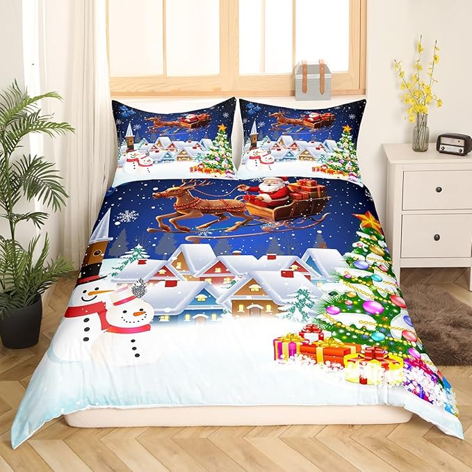 Manfei Christmas Duvet Cover Set Twin Size, Snowman Xmas Tree Santa Claus Bedding Set 2pcs, Reversible Winter Snow Cabin Holiday New Year Quilt Cover with Zipper Closure, 1 Pillowcase, No Comforter