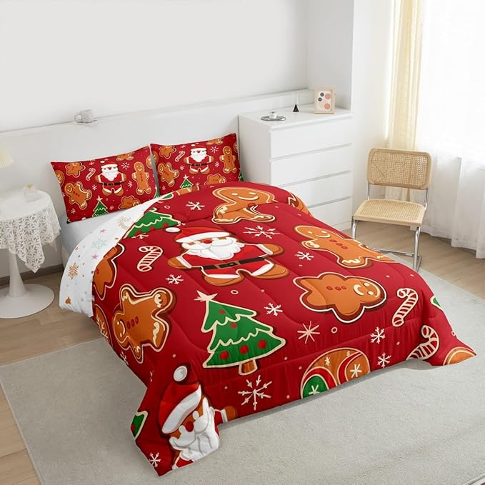 Feelyou Christmas Kids Comforter Set Queen Size Santa Bedding Set Gingerbread Man Duvet Quilt for Kids Boys Girls Bedroom Xmas Tree Snowflake Decor Microfiber Ultra Soft Breathable