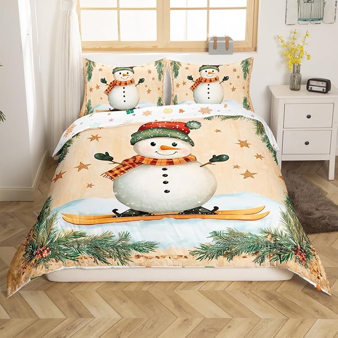 Manfei Christmas Kids Duvet Cover Set Queen Size, Cute Snowman Bedding Set for Boy Girl Room Decor, New Year Holly Leaf Print Comforter Cover, Lightweight Bedspread Cover, 2 Pillowcases, No Comforter