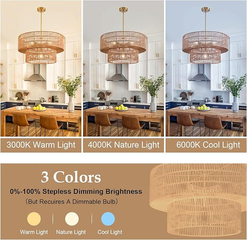 23.62" 6-Light Rattan Farmhouse Chandelier, Boho Large Pendant Light, Large Wicker Chandelier Light Fixtures, Hand Woven Chandeliers, for Dining Room
