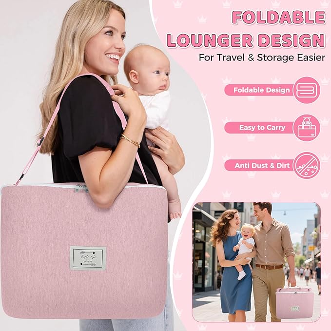Baby Lounger for Newborn 0-24 Months, Portable Infant Lounger with Soft Breathable Cotton, Adjustable Size Lengthen Space Lightweight & Washable Essentials for Home (2. Pink Animal World)