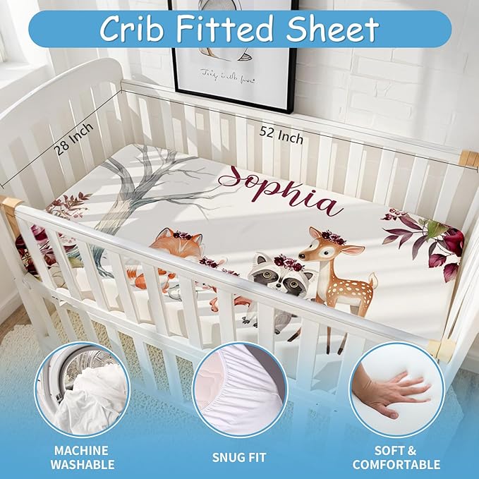 Custom Name Crib Bedding Set, 5 Pcs Personalized Woodland Animals Theme Baby Bedding, Crib Set for Boys Girls, Double Layer Nursery Bedding Sets for Infant Newborns, Toddlers Crib Bed Set