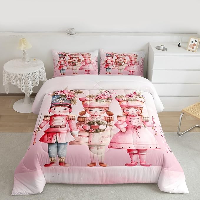 Feelyou Christmas Decor Nutcrackers Bedding Set Soft for Boys Girls, Pink Christmas Comforter Set King Size Pink Nutcrackers Duvet Quilt Berries Printed Room Decor Kawaii 3 Pcs with 2 Pillow Cases