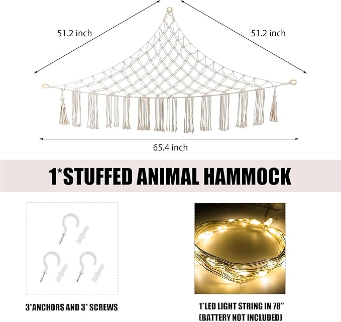 Stuffed Animal Hammock with LED Light, Large Stuffed Animals Storage Corner Plushie Net for Kids Room Decor, Jumbo White