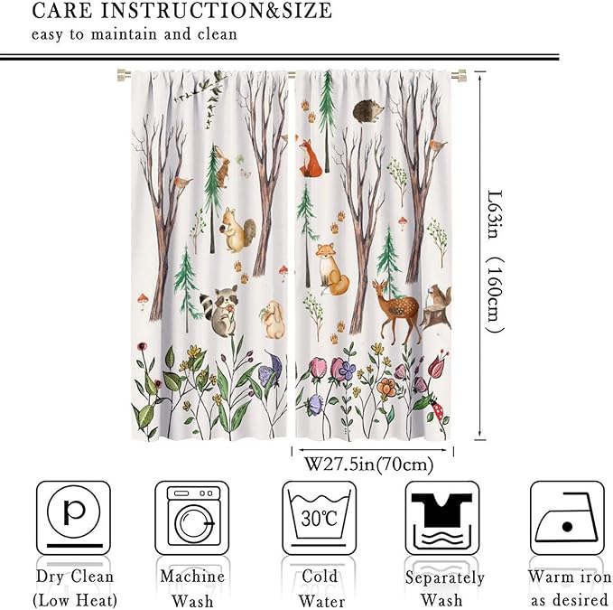 Forest Animal Kids Curtains, Watercolor Cartoon Window Treatments, Cute Animal Floral Girl Toddler Home Bedroom Living Room Drapes 55x63in