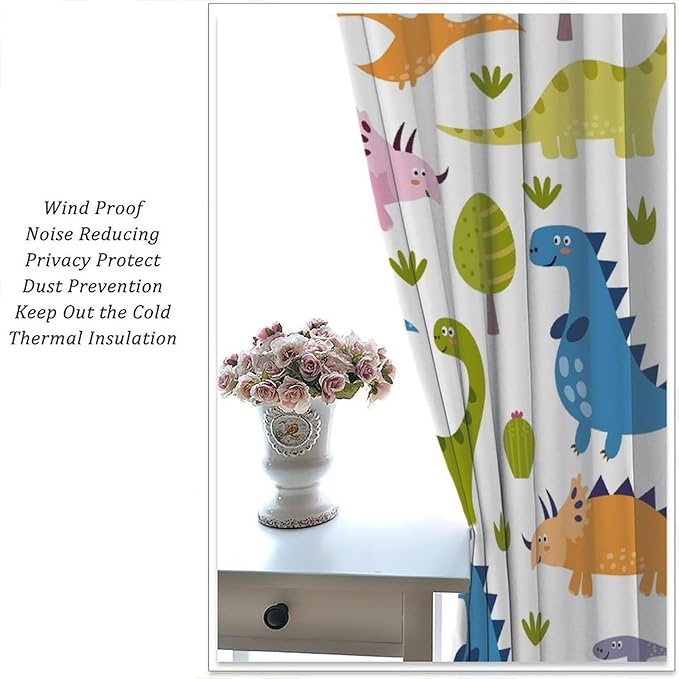 Dino Curtains, Cartoon Style Colorful Dinosaurs Pattern Blackout Window Treatments, Rod Pocket Thermal Insulated Drapes 2 Panel Sets for Kids Bedroom Nursery Classroom, 52" W X 84" L