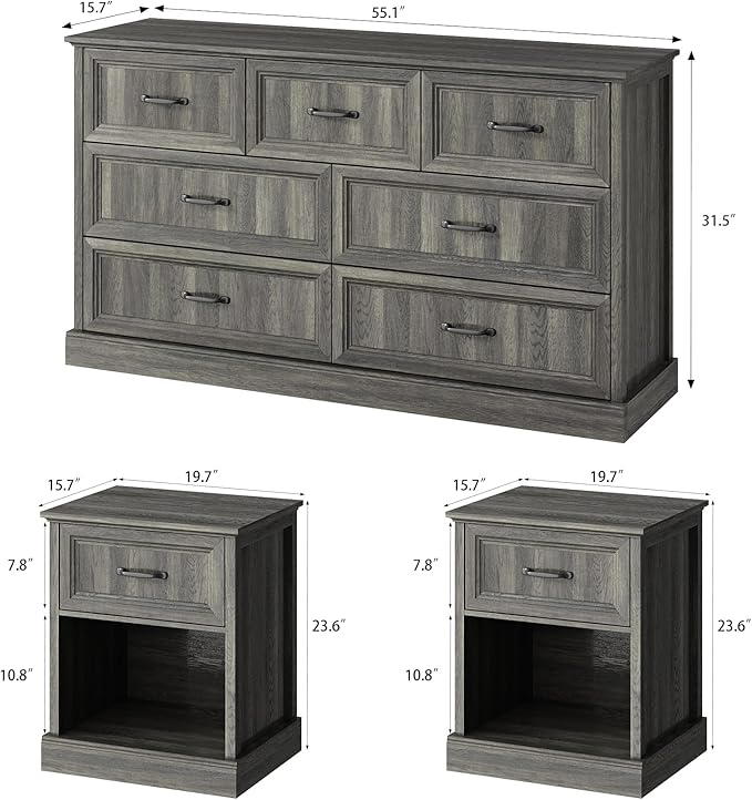 CARPETNAL Farmhouse Dresser and Nightstand Sets for Bedroom, 3 Pcs Bedroom Set, 7 Drawer Dresser & Nightstand Set of 2, Modern Wood Chest of Drawers for Bedroom, Living Room, Entryway, Grey