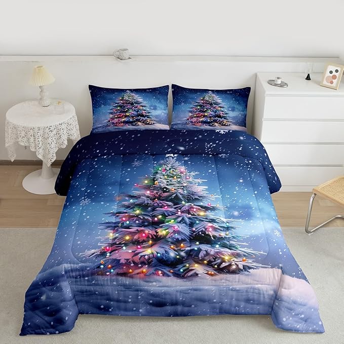 Feelyou Christmas Comforter Set All Season Xmas Tree Bedding Set with 1 Pillow Cases Colored Light Strips Microfiber Kids Twin Bedclothes Snowflake Bedroom Decor Duvet Quilt Breathable Soft