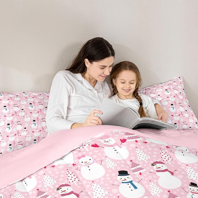 Cartoon Pink Dreamy Boys Girls Comforter Set Full Size,Snowman Christmas Tree Duvet Set Teens Bedroom Decor,Merry Christmas Microfiber Soft Bedding