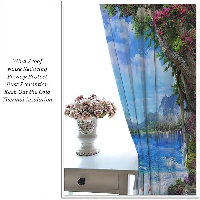 Spring Jungle Waterfall Blackout Window Curtains, Tropical Rainforest Floral Tree Waterfall Landscape Print Window Drapes, for Living Room Bedroom 42x63in 2 Panels