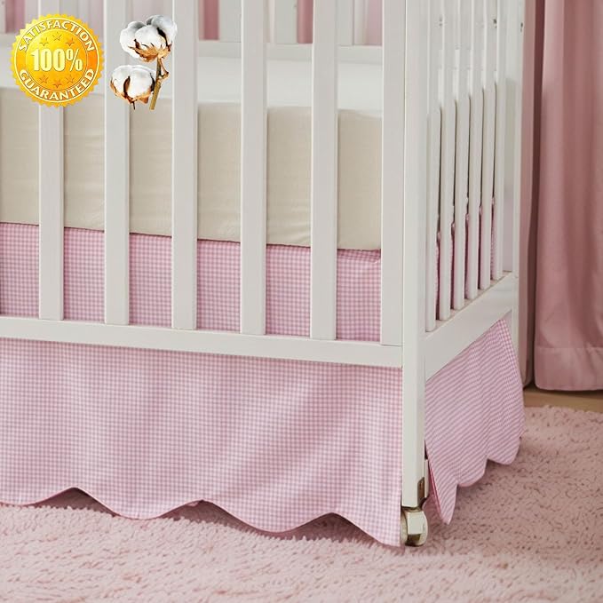 Brandream Scallop Edge Cotton Crib Skirt, Baby Boy Girl Gender Neutral Crib Skirt Toddler Bedskirt Farmhouse Chic Plaid Nursery Crib Bed Skirt, Gingham Check Pink