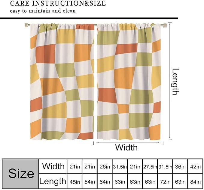 Orange Checkered Curtains,70s Vintage Twisted Checkered Window Drapes Colorful Groovy Trendy Wavy Hippie Grid Print Window Treatments for Kids Girls Bedroom Living Room Bathroom 42"W X 54"L