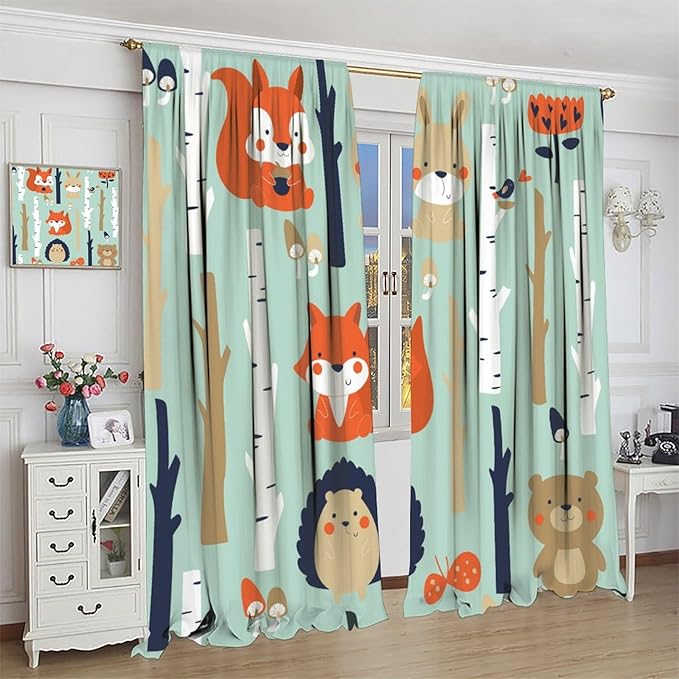 Cute Animals Curtains, Cartoon Fox Hedgehog Hare Forest Trees Blackout Window Treatments, Rod Pocket Thermal Insulated Drapes 2 Panel Sets for Kids Bedroom Nursery Classroom, 63" W X 72" L