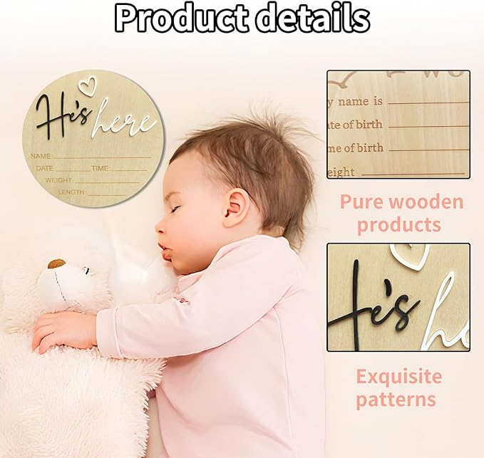 Baby Announcement Sign, 5.9 Inch Wooden Hello World Newborn Signs, Birth Announcement Sign, Gender Reveal Signs, He's here Decoration, Welcome Newborn Arrival To World, Hospital Nursery for Baby (Black He's)