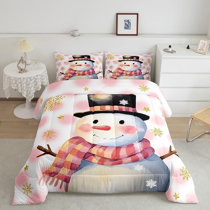 Feelyou Kids Merry Christmas Decorations Full Size Comforter Set Xmas Snowman Bedding Set Pink Quilt Set Soft Warm Lightweight Duvet Set