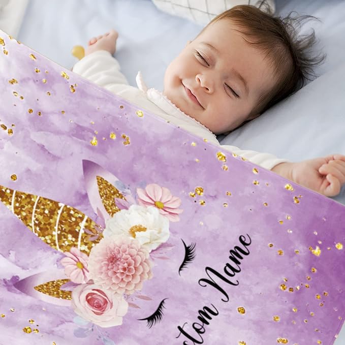Custom Horse Blanket with Name for Girl, Personalized Name Blanket for Kids, Soft Flannel Purple Toddler Blanket Customized Gift for Birthday Christmas Baby Shower Children Day 40x50in