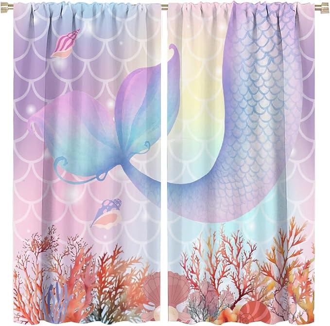 Dream Mermaid Curtains Colorful Mermaid Fish Tail Scale Fantasy Ocean Theme Beautiful Kids Window Treatment for Girls Bedroom Nursery Room Decor Rod Pocket Window Drapes 42x45in