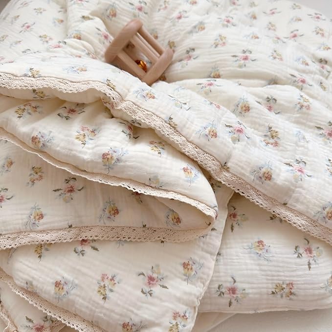 BuLuTu Kids Blanket Cotton Toddler Quilt Muslin Blankets, Reversible Floral Baby Blanket for Girls Boys Crib Comforter Baby Quilt for Toddler Bed, Azalea Pattern, 60x78 Inches