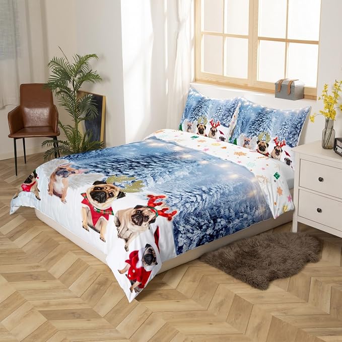 Dog Xmas Duvet Cover Cute Pug Dog Christmas Tree Style Bedding Set 3D Animal Comforter Cover for Boys Girls Children Teens Bedroom Decor White Blue Bedspread Cover Queen Size With 2 Pillow Case