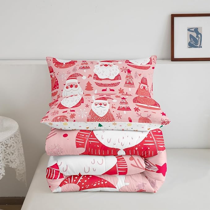 Feelyou Cute Santa Claus Bedding Set for Kids Boys Girls Queen Size Christmas Comforter Set Ultra Soft Winter Comforter Xmas Tree Duvet Quilt Bedroom Decor Christmas Decorations Quilt
