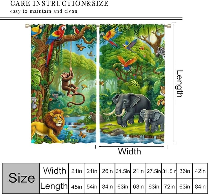 Animals Window Curtain Cartoon Jungle Forest Elephant Lion Print Curtains for Kids Boys Girls Nursery Baby Bedroom Playroom Home Decor Window Drapes 42" W X 45" L