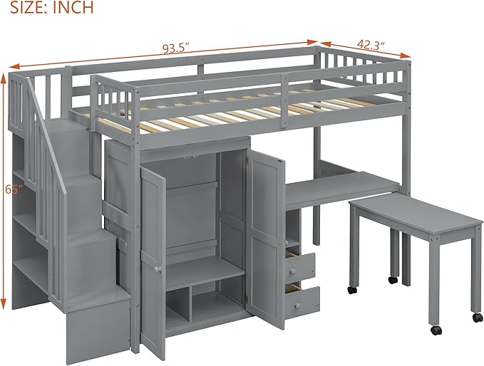 Merax Twin Multifunction Loft Bed with Desk, Wardrobe, Drawers, Wood Loft Bed with Staircase & Full Length Gardrails for Boys, Girls, No Box Spring Needed Gray