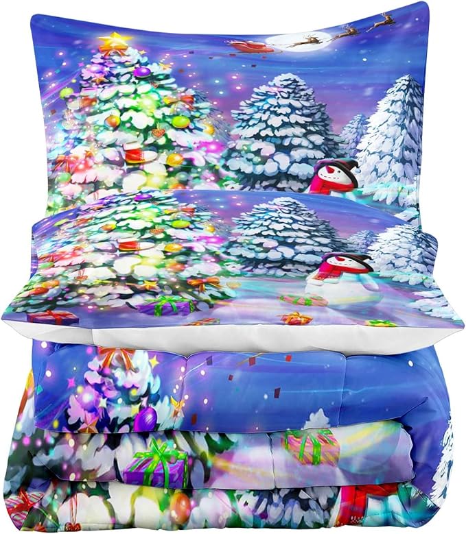 LUVIVIHOME 2PCS Christmas Comforter Set Twin Size, Cute Snowman Santa Claus Kids Bedding, Winter Xmas Merry Christmas Bedroom Decor for Boys Girls Teens, Xmas Gifts, 1 Pillow Sham